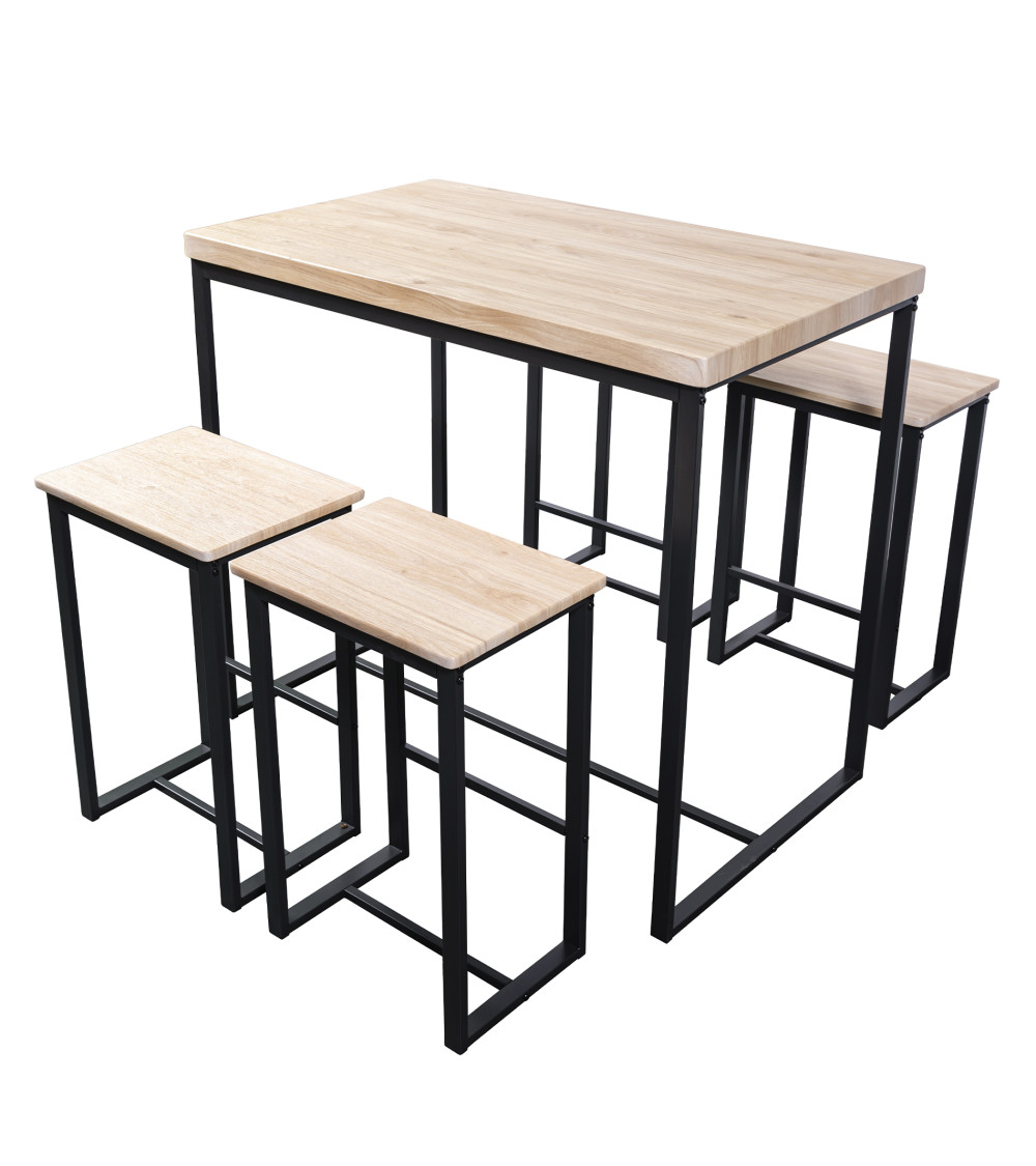 Pack Degano – Mesa alta y 4 taburetes en metal negro y roble