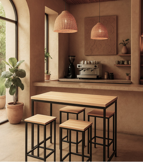 Pack Degano – Mesa alta y 4 taburetes en metal negro y roble