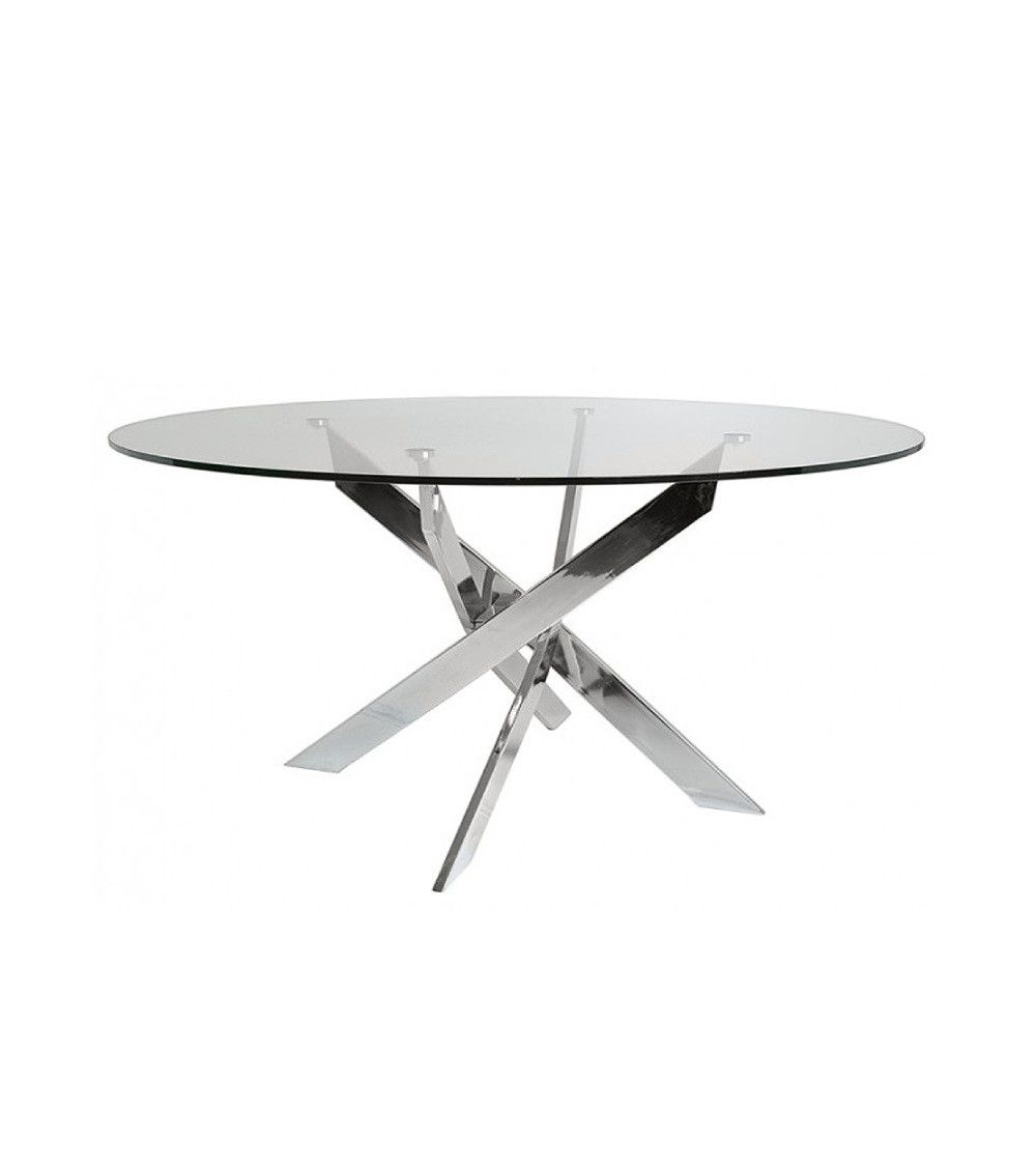 Mesa centro de cristal redonda DAN con patas cruzadas